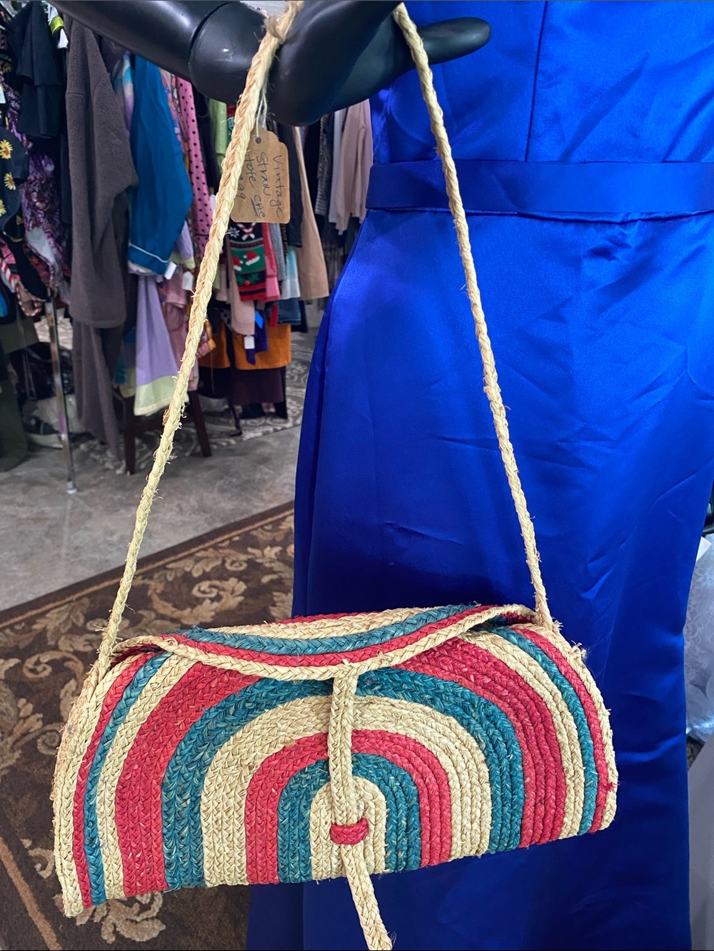 Vintage Woven Straw Crossbody Bag in Natural, Red & Teal 16x9